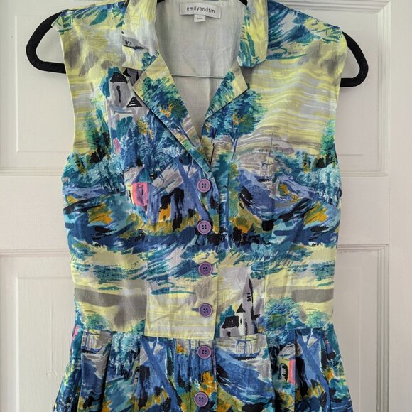 Emily & Finn cotton watercolor sleeveless collared dress - STUNNING Sm - Picture 2 of 6